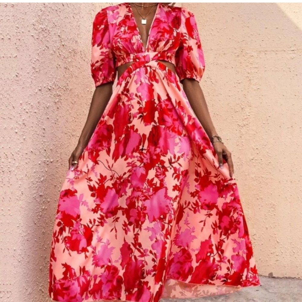 Allover Floral Print Cut Out Puff Sleeve Dress